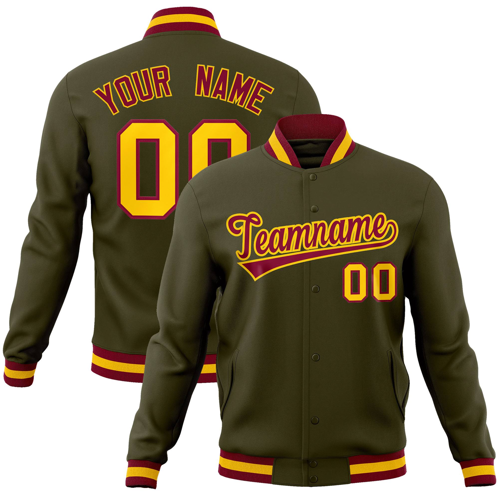 Custom Olive Crimson-Gold Classic Style Varsity Full-Snap Letterman Jacket