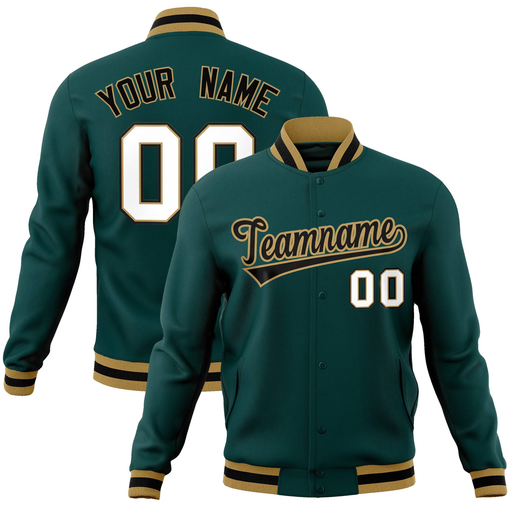 Custom Midnight Green Black-Old Gold Classic Style Varsity Full-Snap Letterman Jacket