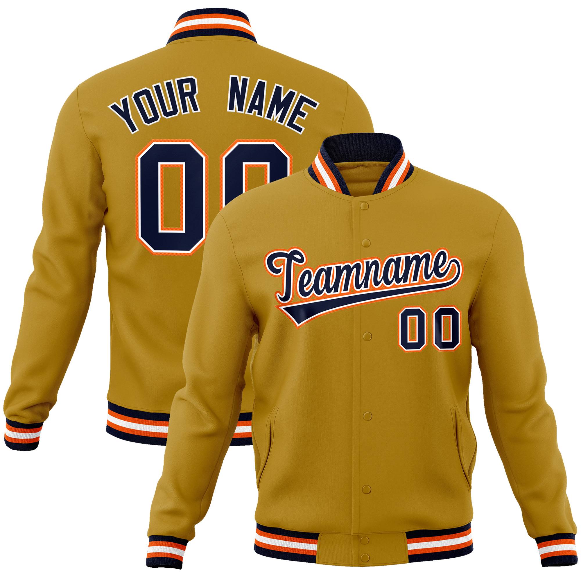 Custom Old Gold Navy-White Classic Style Varsity Full-Snap Letterman Jacket