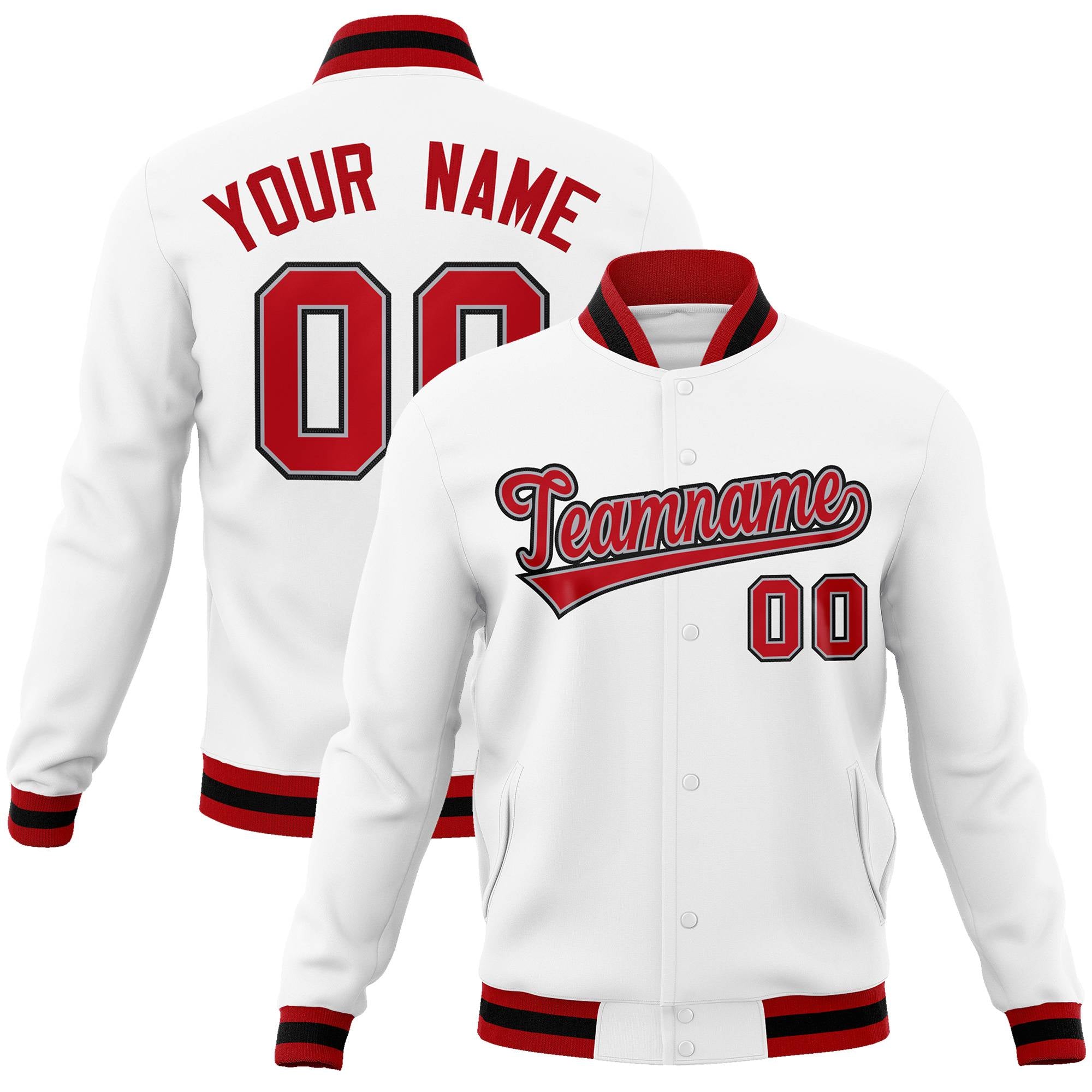 Custom White Red-Gray Classic Style Varsity Full-Snap Letterman Jacket