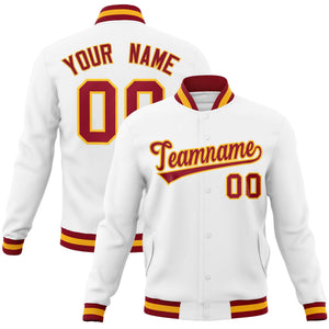 Custom White Crimson-Gold Classic Style Varsity Full-Snap Letterman Jacket