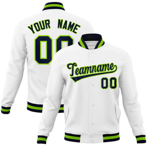 Custom White Navy-Neon Green Classic Style Varsity Full-Snap Letterman Jacket