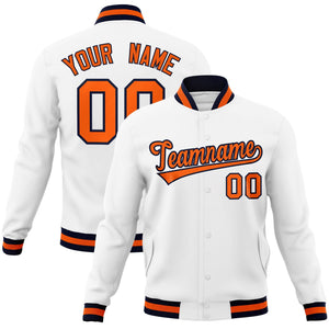 Custom White Orange-Navy Classic Style Varsity Full-Snap Letterman Jacket