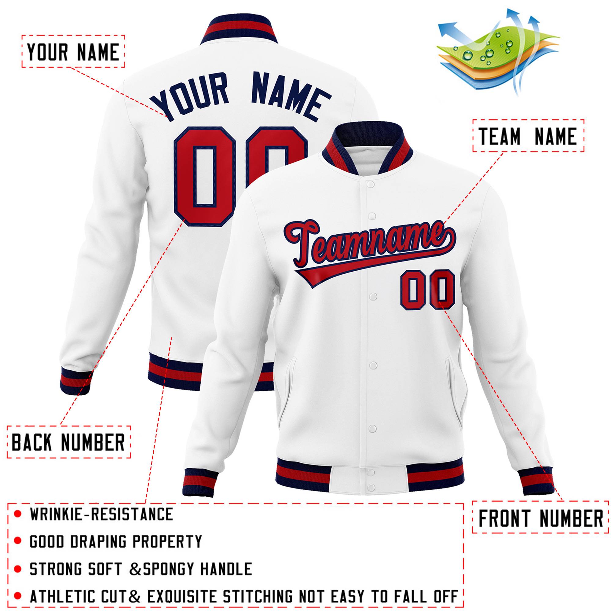 Custom White Red-Navy Classic Style Varsity Full-Snap Letterman Jacket