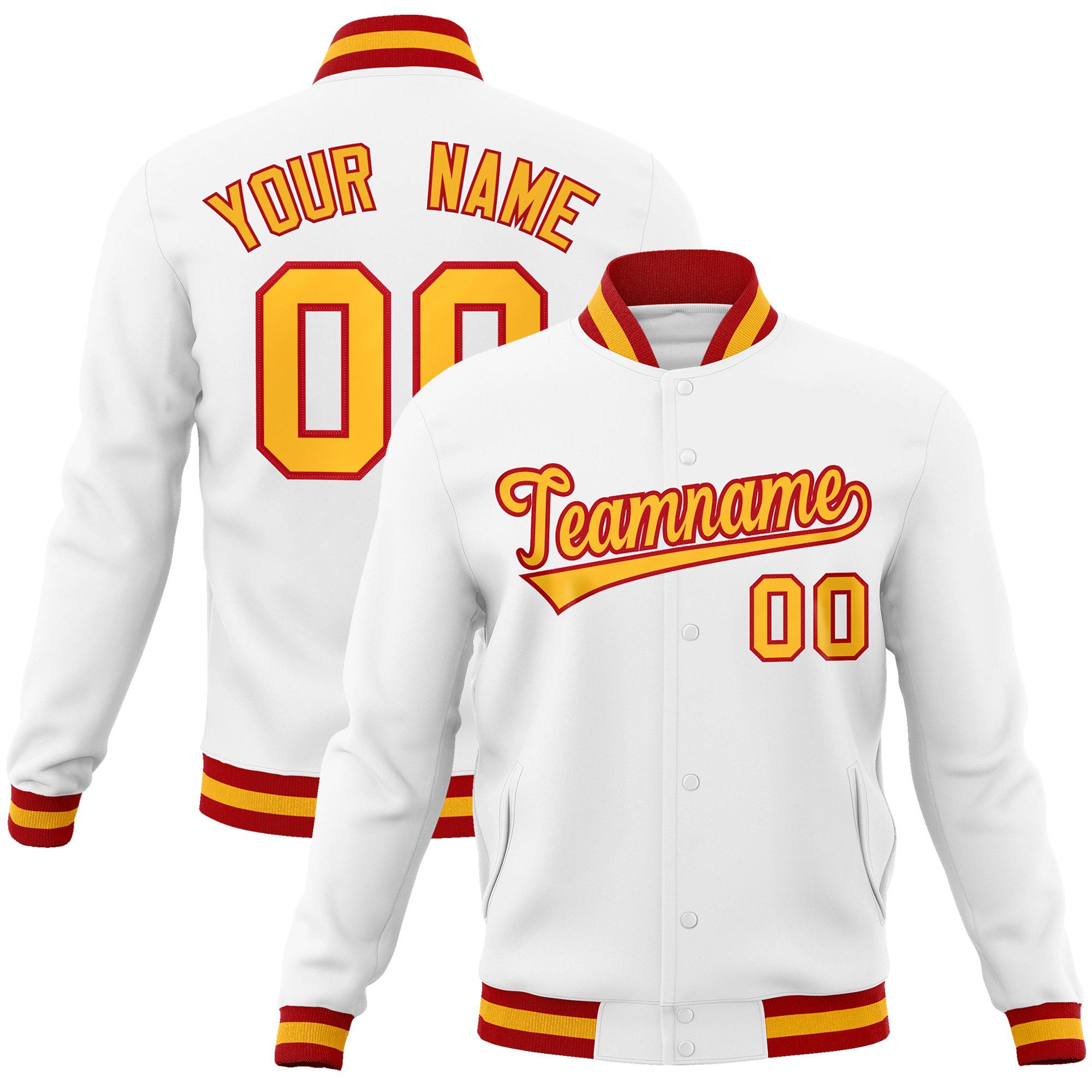 Custom White Yellow-Red Classic Style Varsity Full-Snap Letterman Jacket