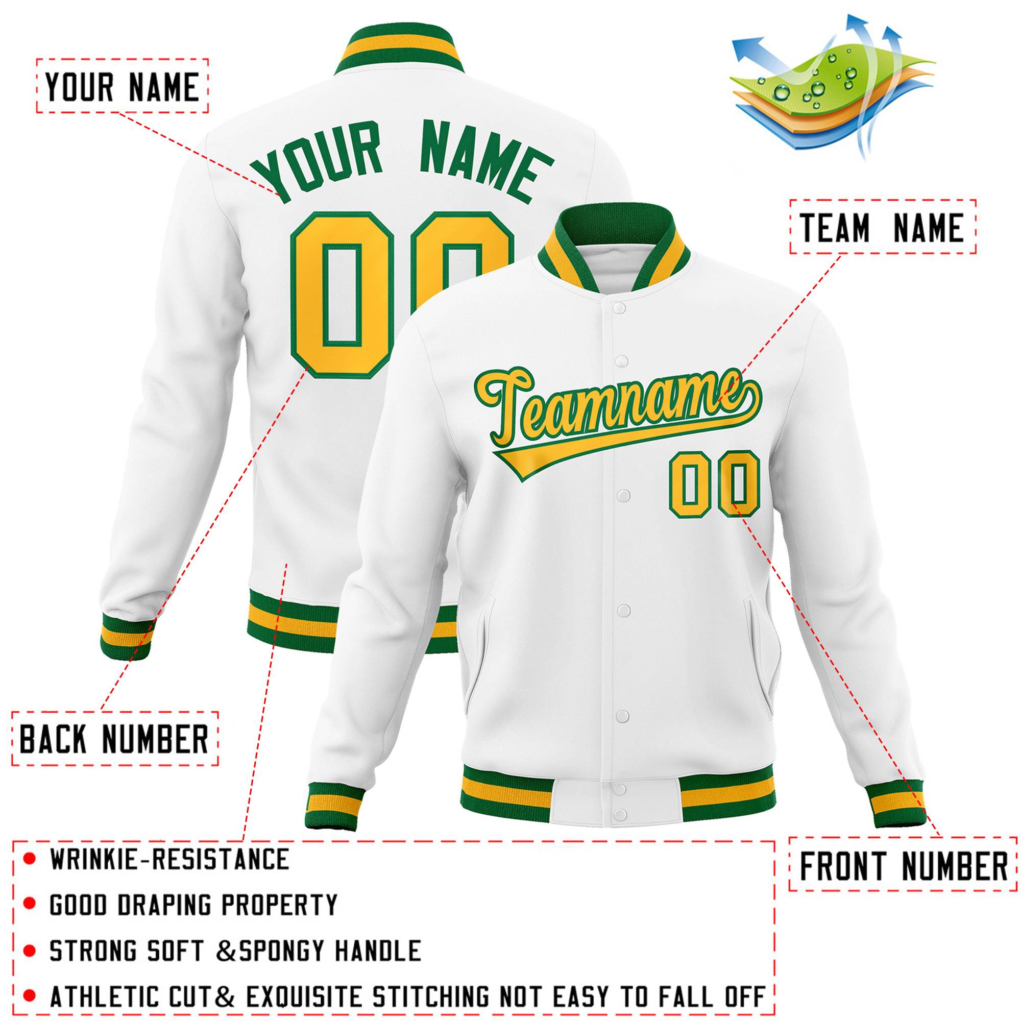 Custom White Yellow-Green Classic Style Varsity Full-Snap Letterman Jacket