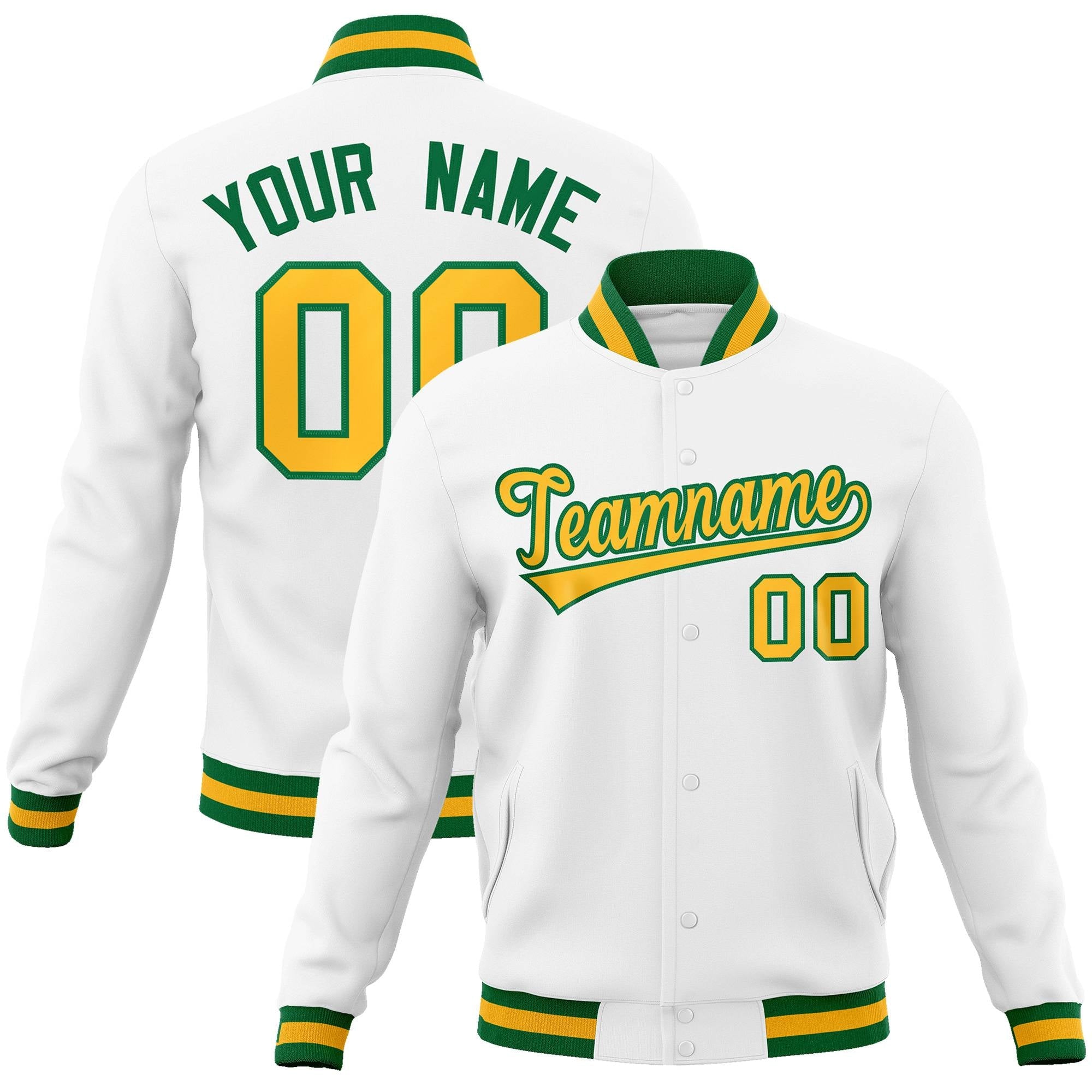 Custom White Yellow-Green Classic Style Varsity Full-Snap Letterman Jacket