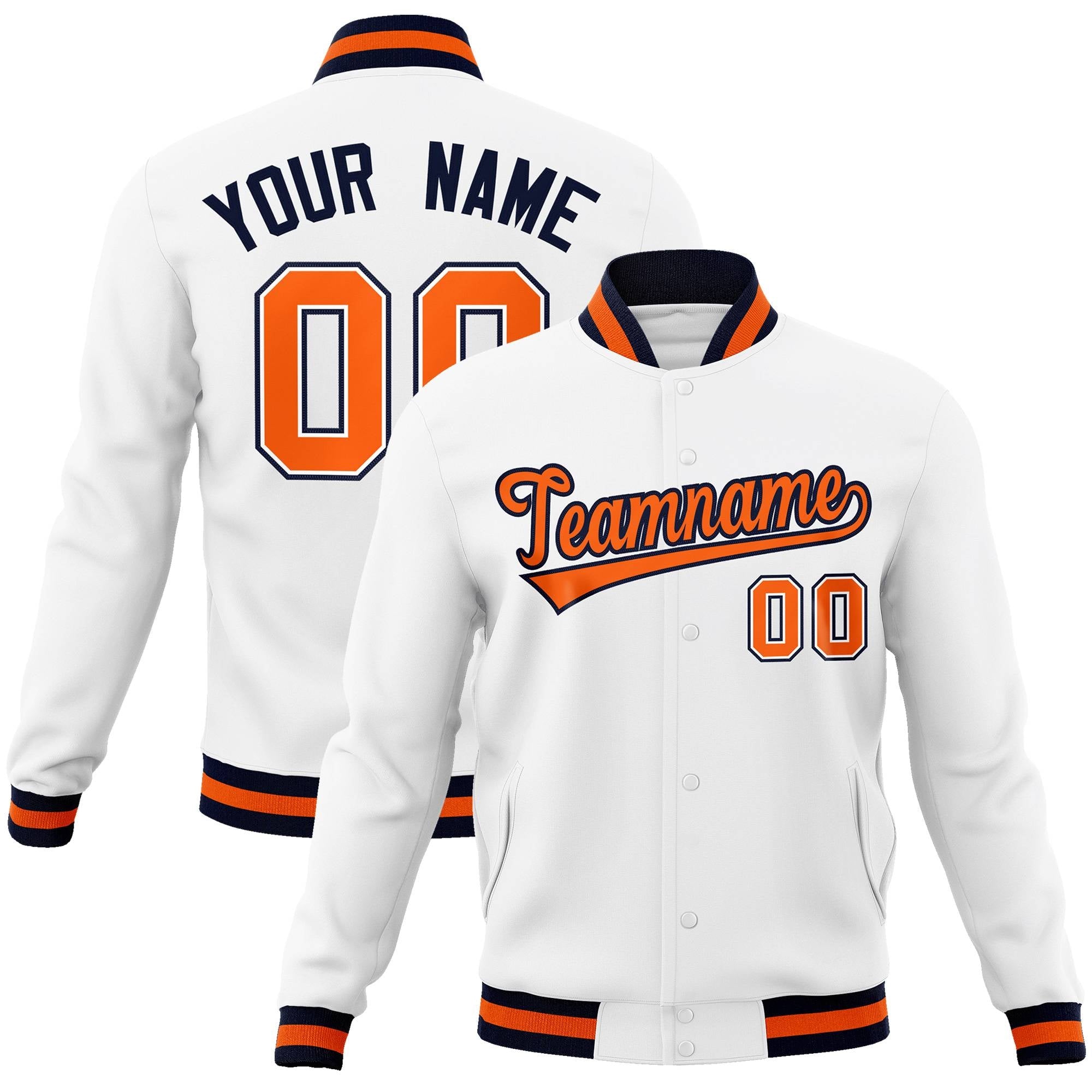 Custom White Orange-Navy Classic Style Varsity Full-Snap Letterman Jacket