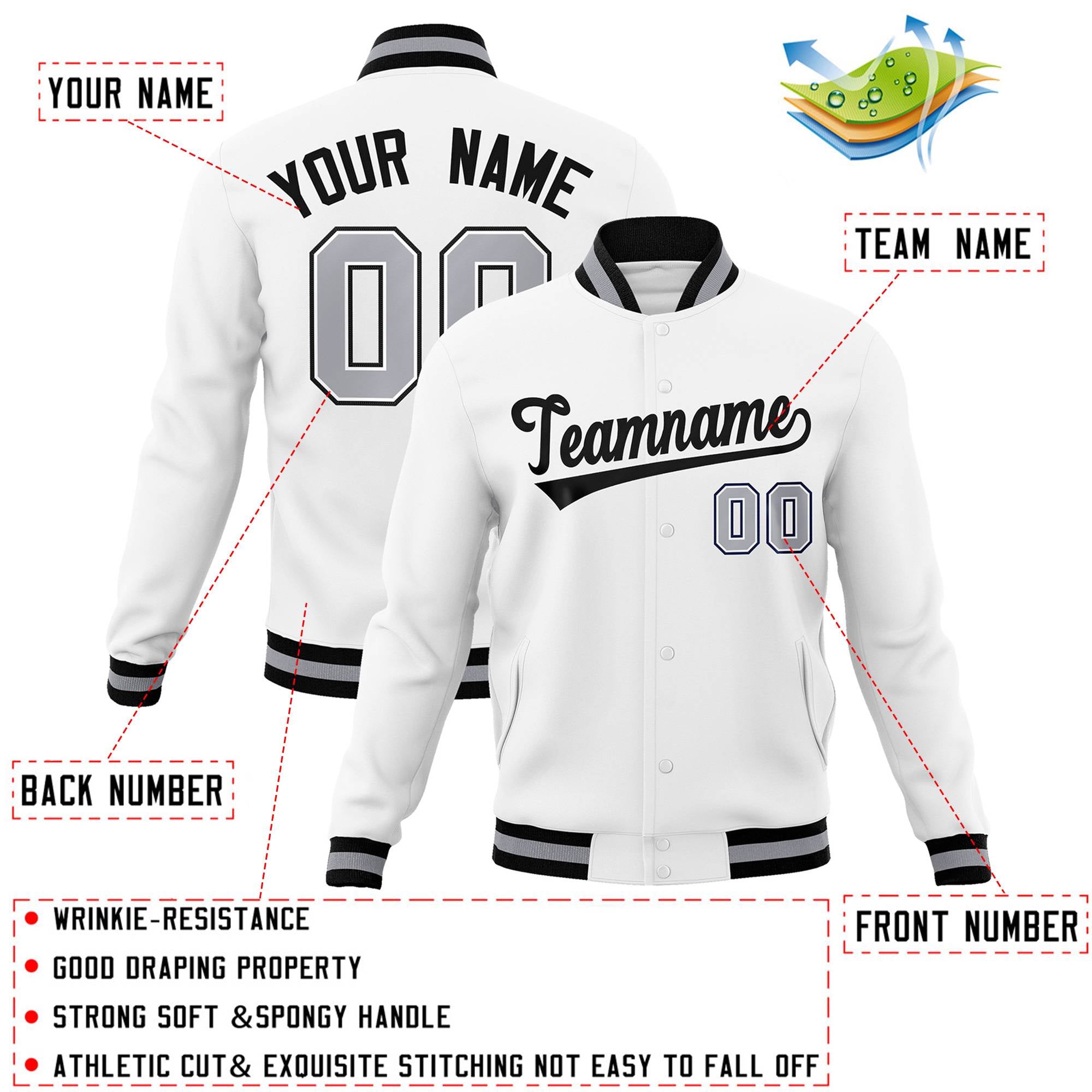 Custom White Black Classic Style Varsity Full-Snap Letterman Jacket