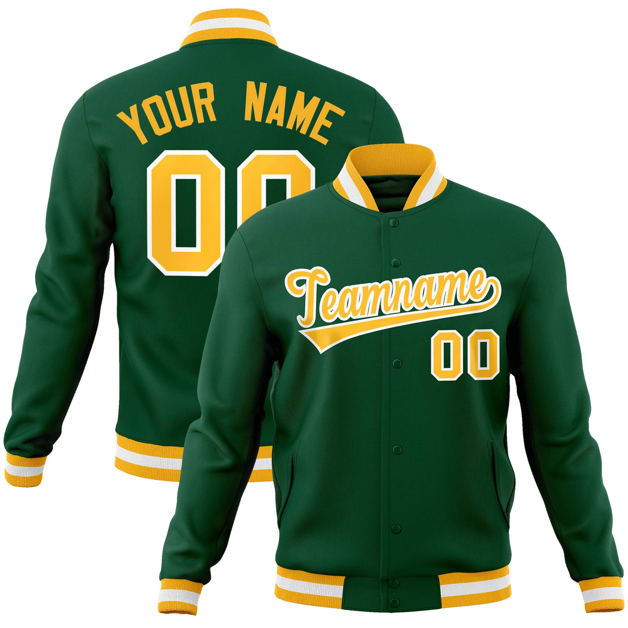 Custom Green Gold-White Classic Style Varsity Full-Snap Letterman Jacket