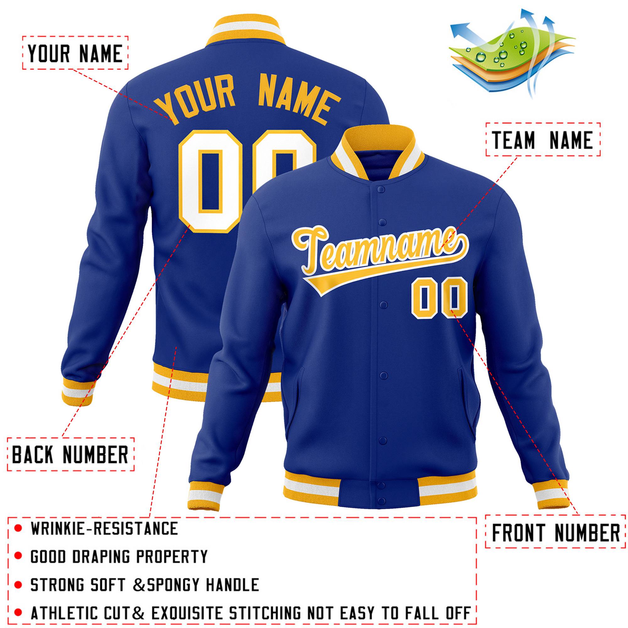 Custom Royal Gold-White Classic Style Varsity Full-Snap Letterman Jacket