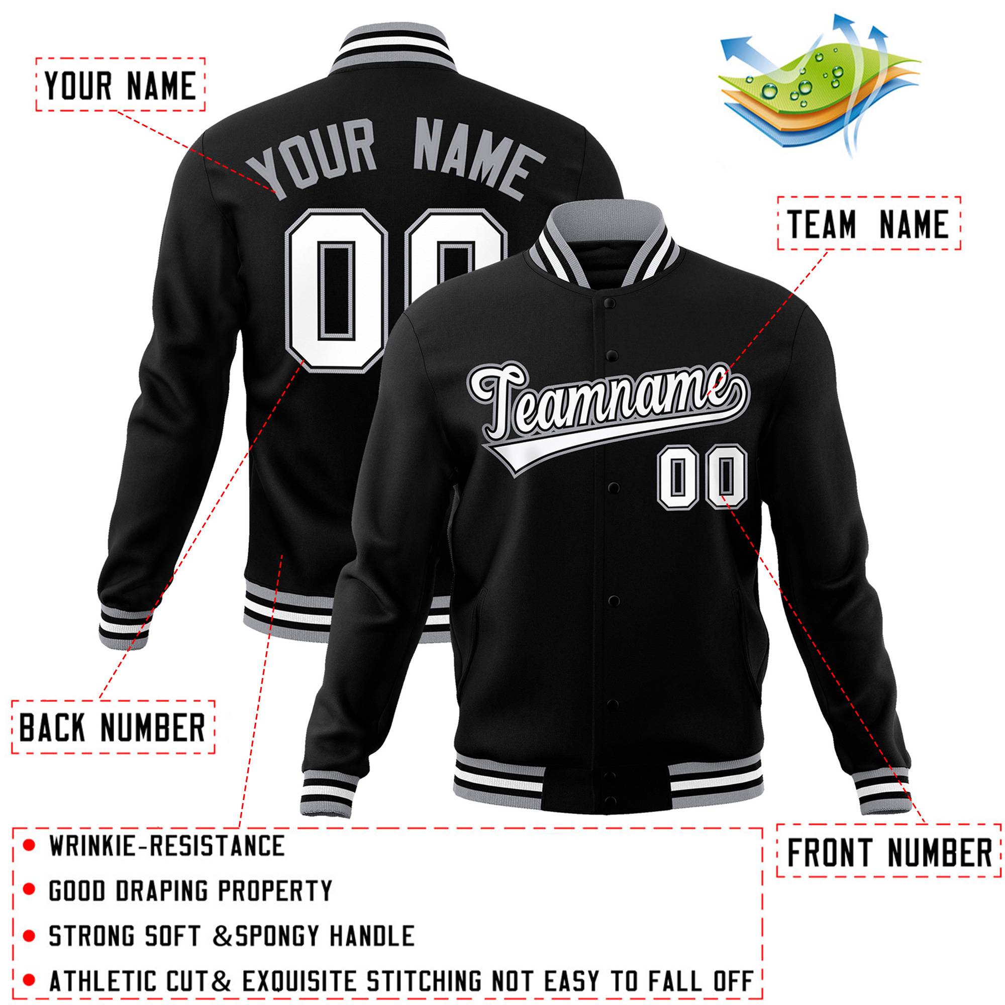 Custom Black White-Black Classic Style Varsity Full-Snap Letterman Jacket