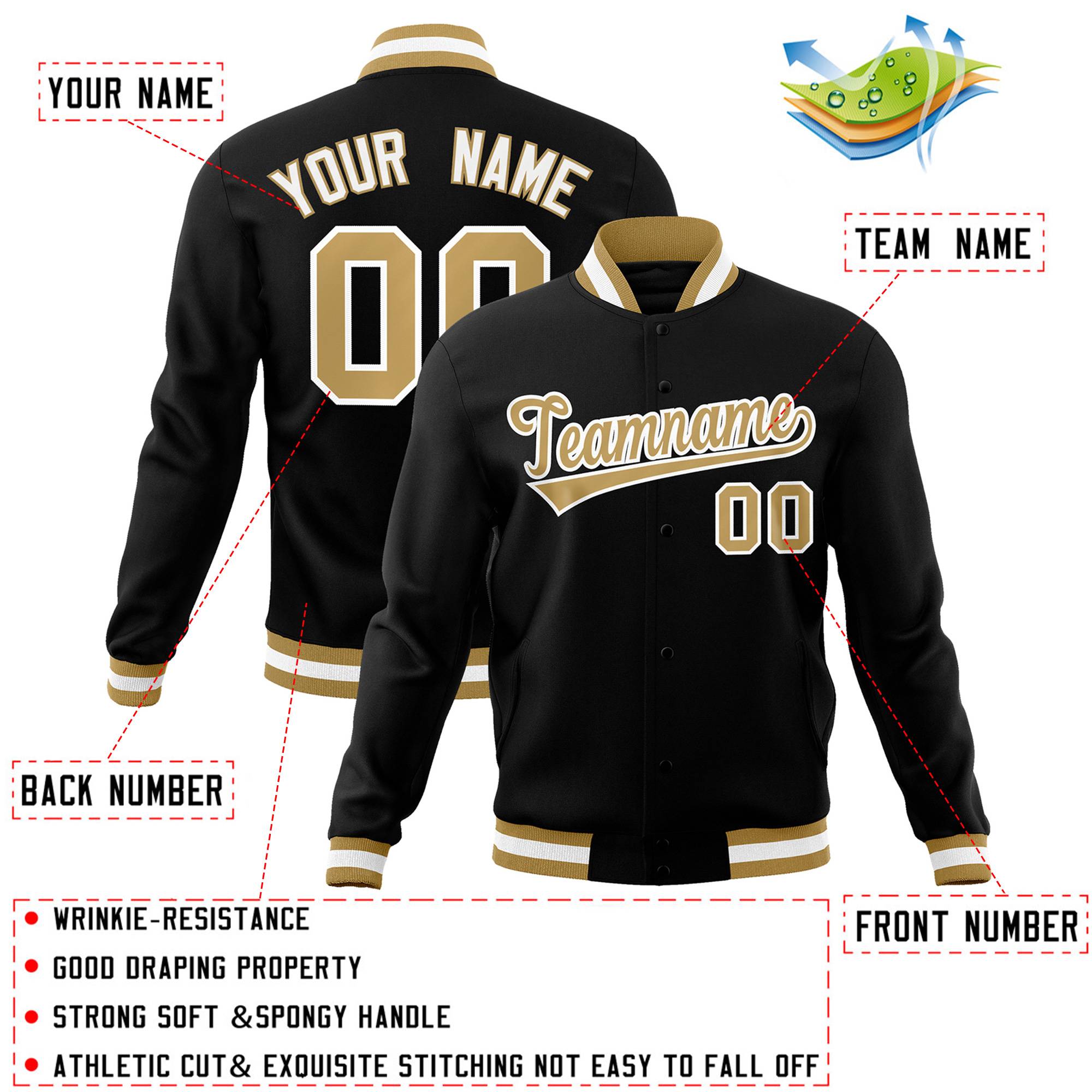 Custom Black Old Gold-White Classic Style Varsity Full-Snap Letterman Jacket