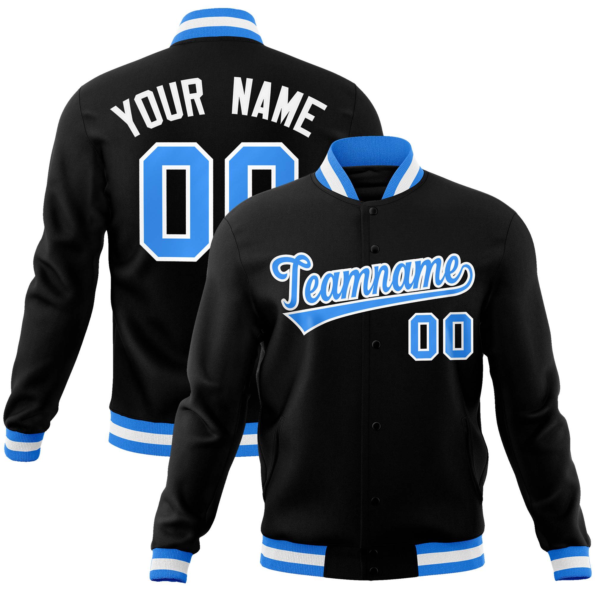 Custom Black Powder Blue-White Classic Style Varsity Full-Snap Letterman Jacket