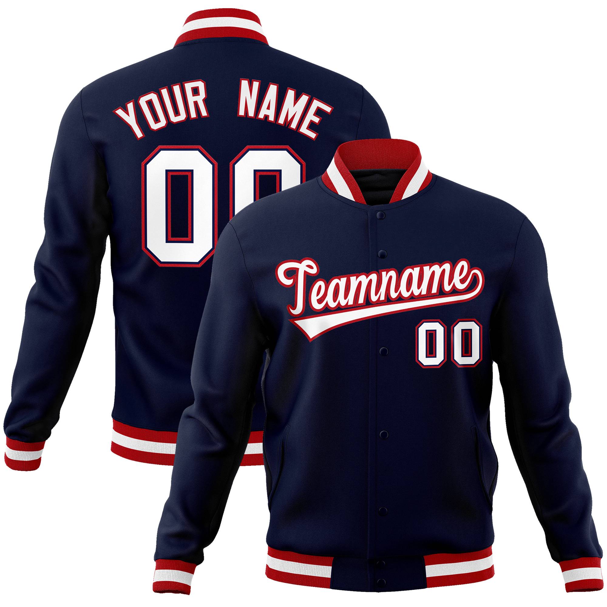 Custom Navy White-Red Classic Style Varsity Full-Snap Letterman Jacket