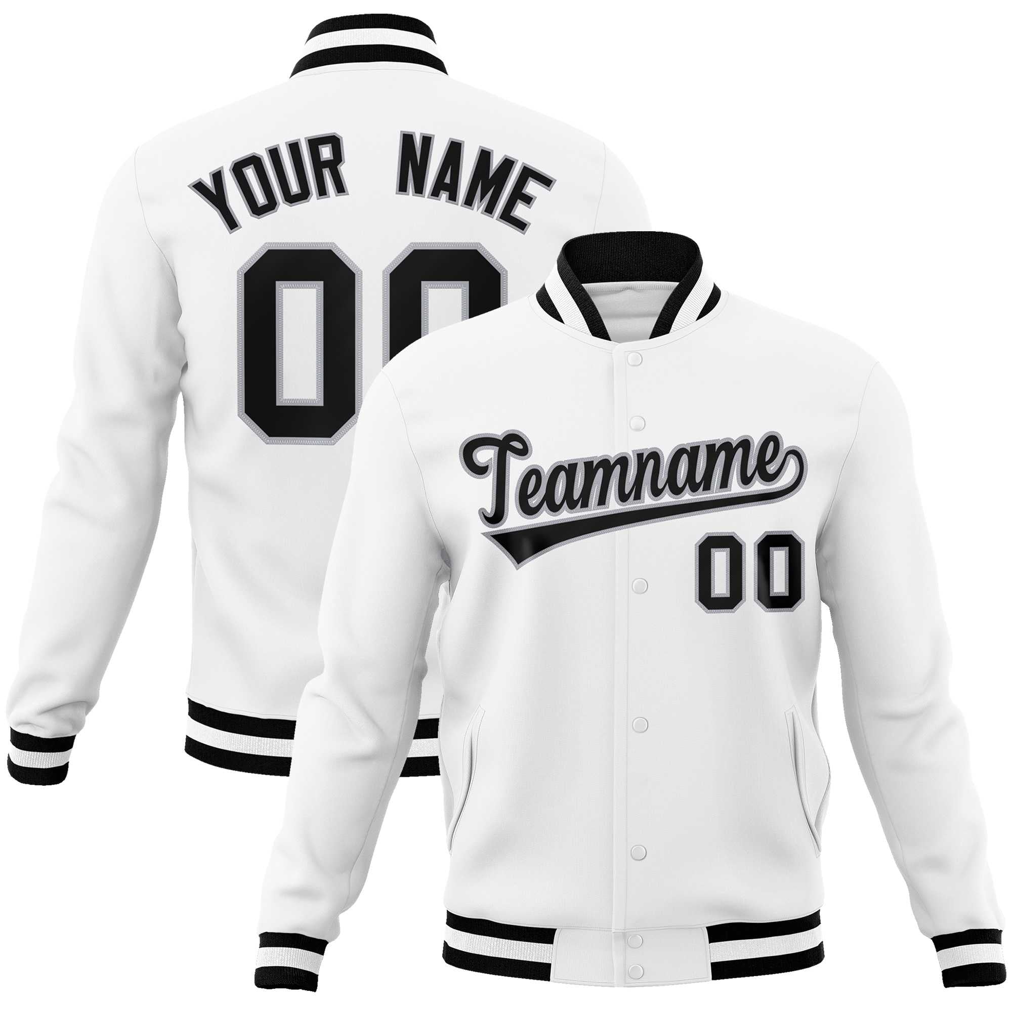 Custom White Black-Gray Classic Style Varsity Full-Snap Letterman Jacket