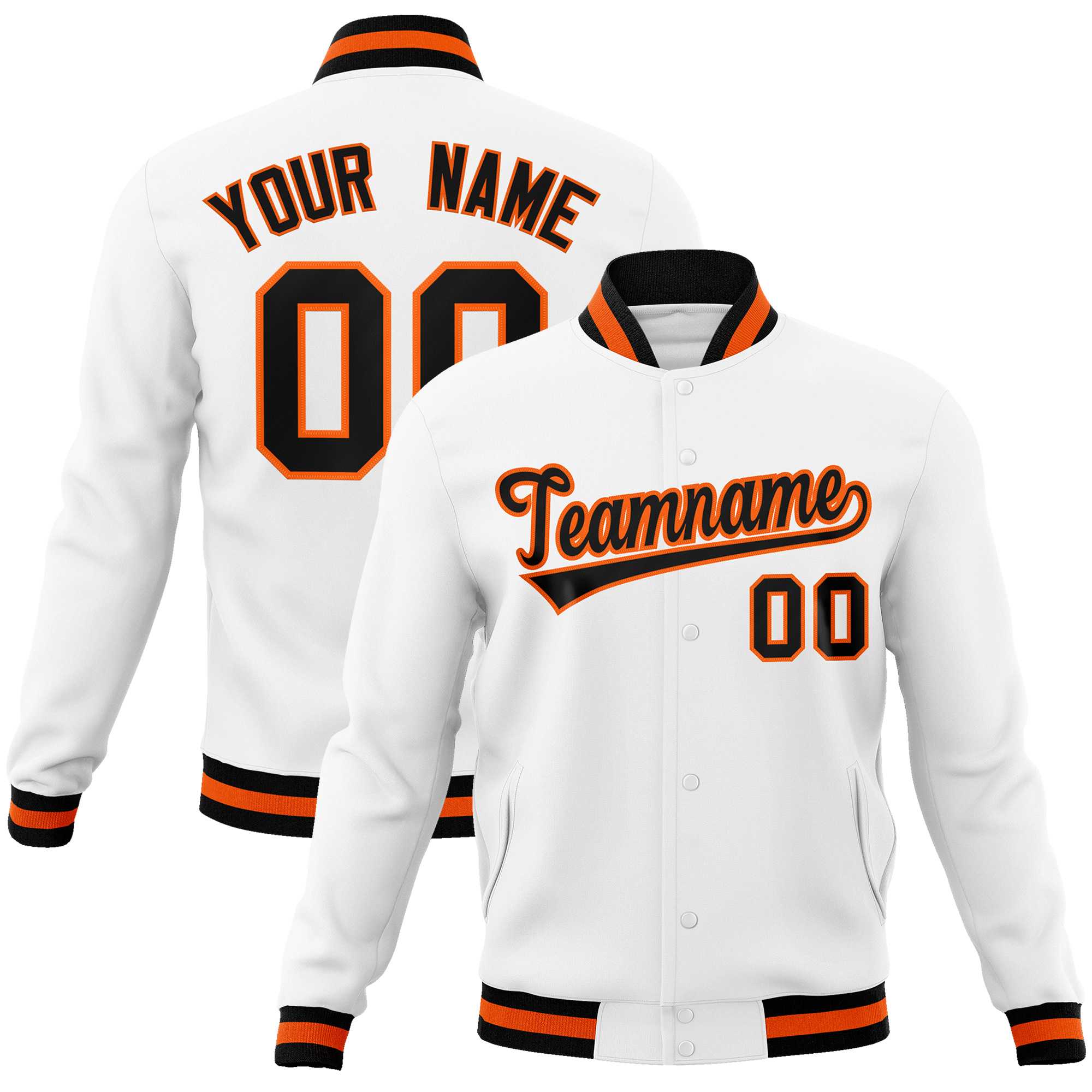 Custom White Black-Orange Classic Style Varsity Full-Snap Letterman Jacket