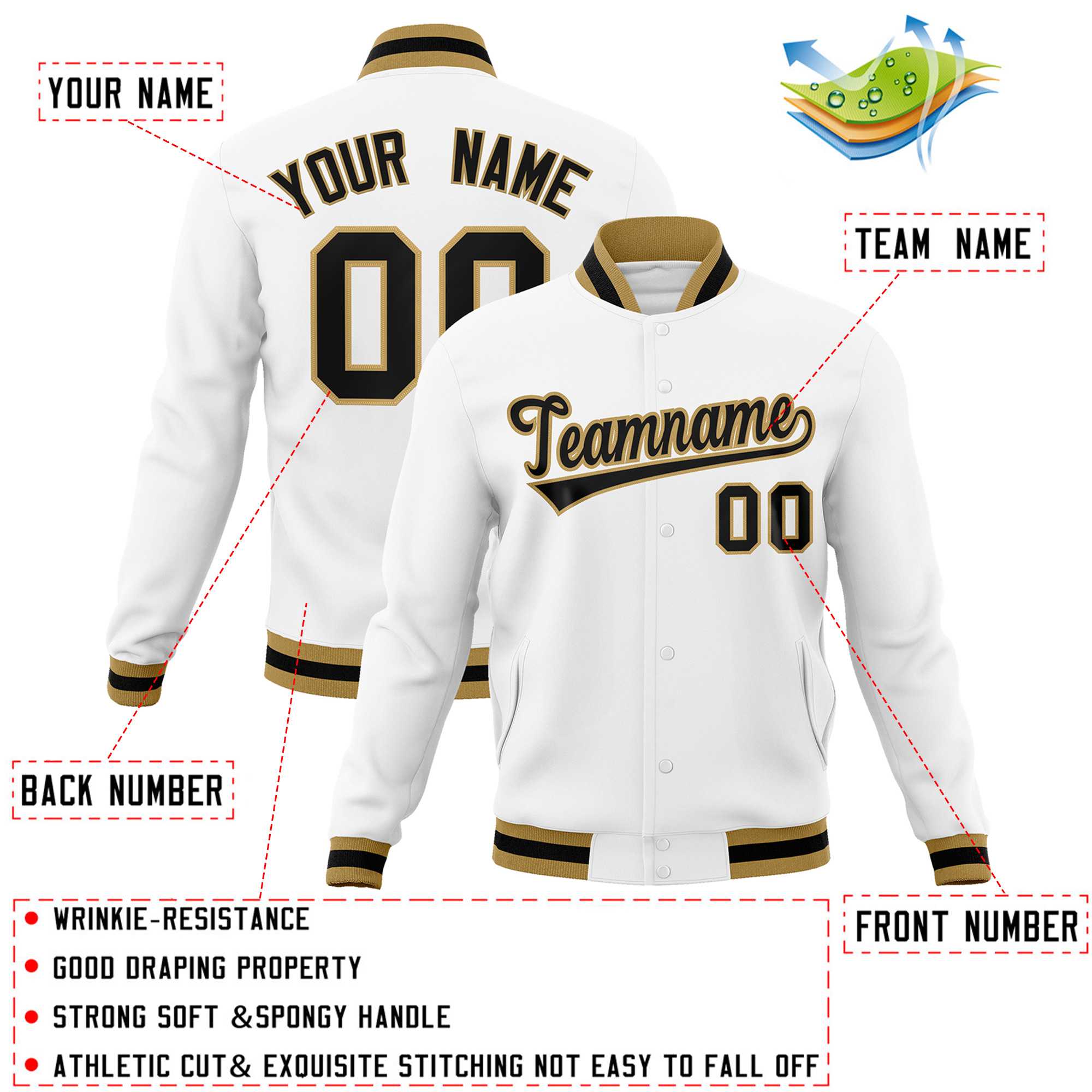 Custom White Black-Old Gold Classic Style Varsity Full-Snap Letterman Jacket