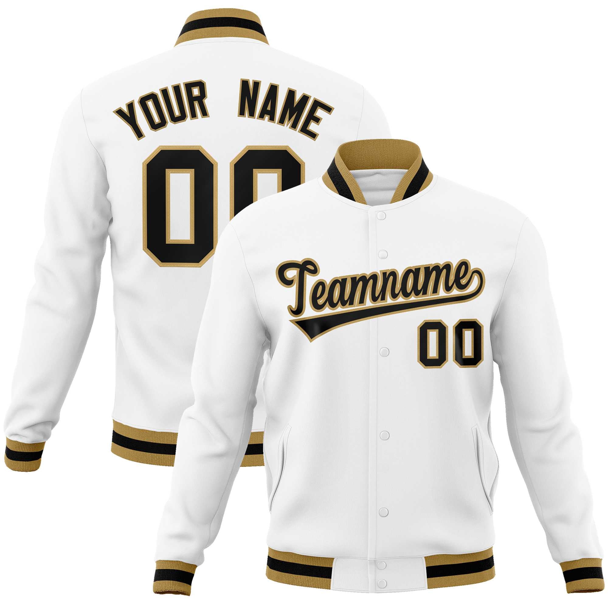 Custom White Black-Old Gold Classic Style Varsity Full-Snap Letterman Jacket