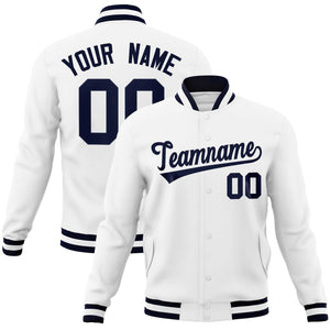 Custom White Navy Classic Style Varsity Full-Snap Letterman Jacket