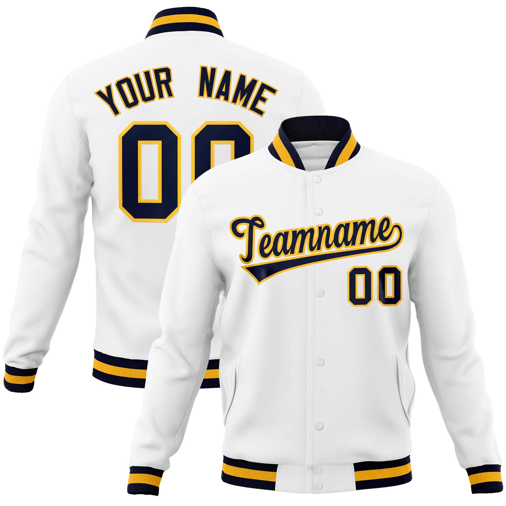 Custom White Navy-Gold Classic Style Varsity Full-Snap Letterman Jacket