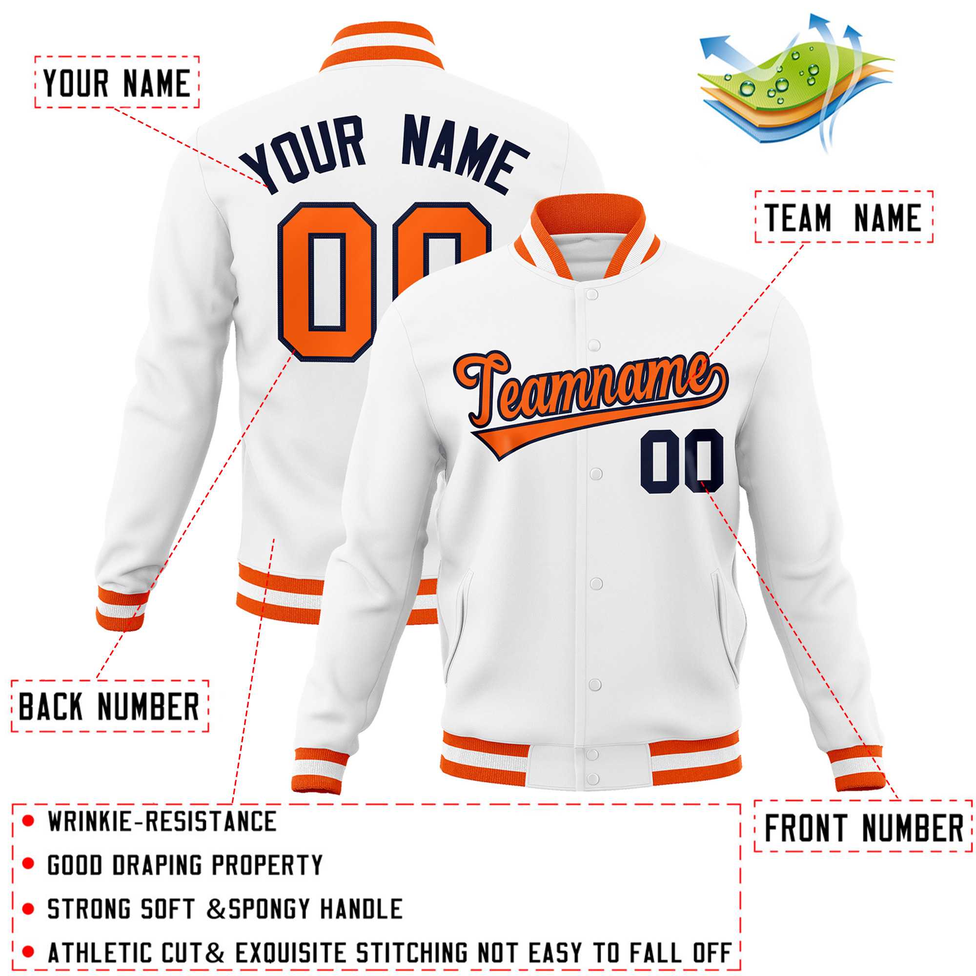 Custom White Orange-Navy Classic Style Varsity Full-Snap Letterman Jacket