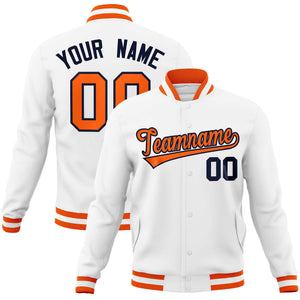 Custom White Orange-Navy Classic Style Varsity Full-Snap Letterman Jacket