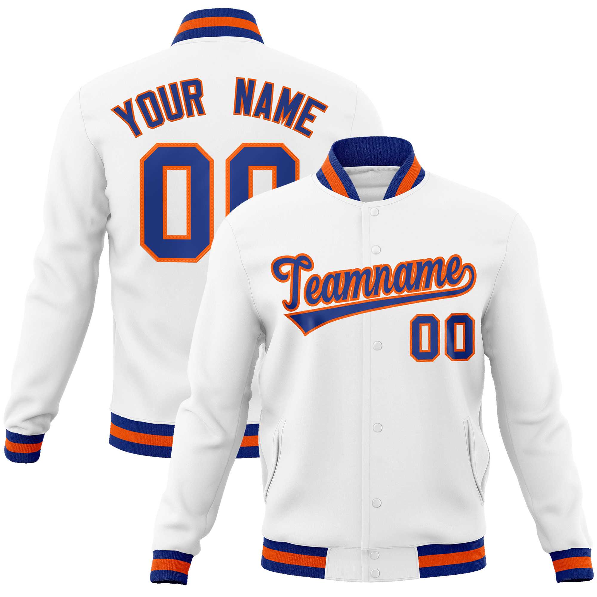 Custom White Royal-Orange Classic Style Varsity Full-Snap Letterman Jacket