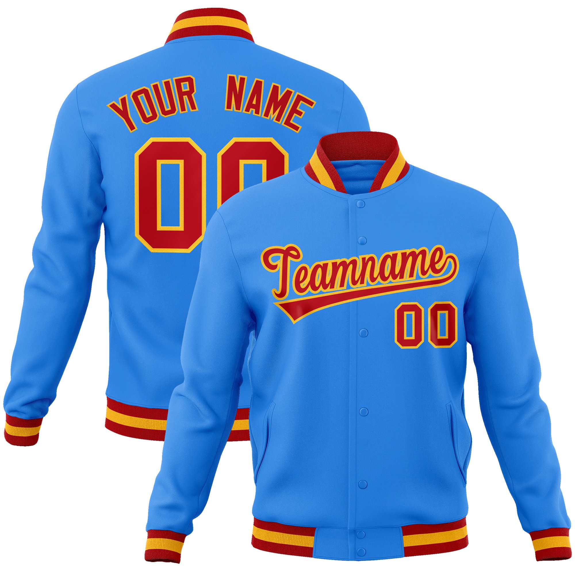 Custom Powder Blue Red-Gold Classic Style Varsity Full-Snap Letterman Jacket