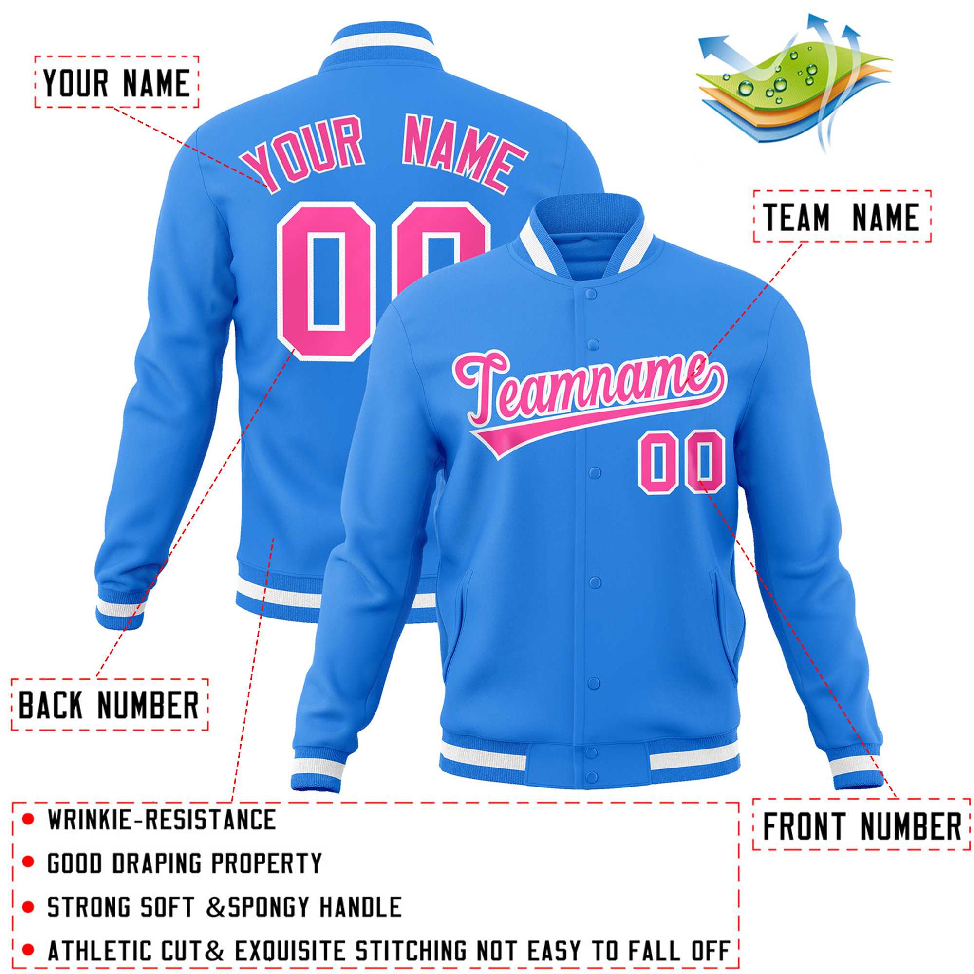 Custom Powder Blue Pink-White Classic Style Varsity Full-Snap Letterman Jacket