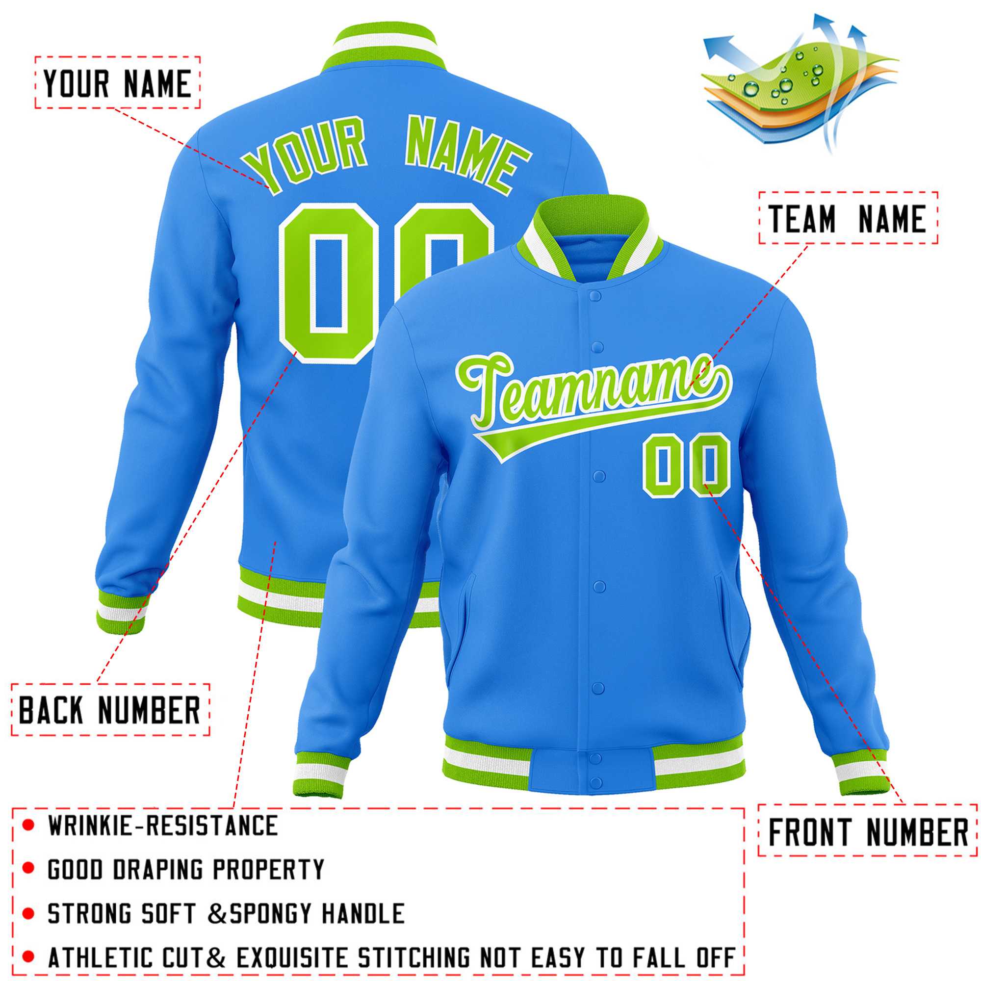 Custom Powder Blue Neon Green-White Classic Style Varsity Full-Snap Letterman Jacket