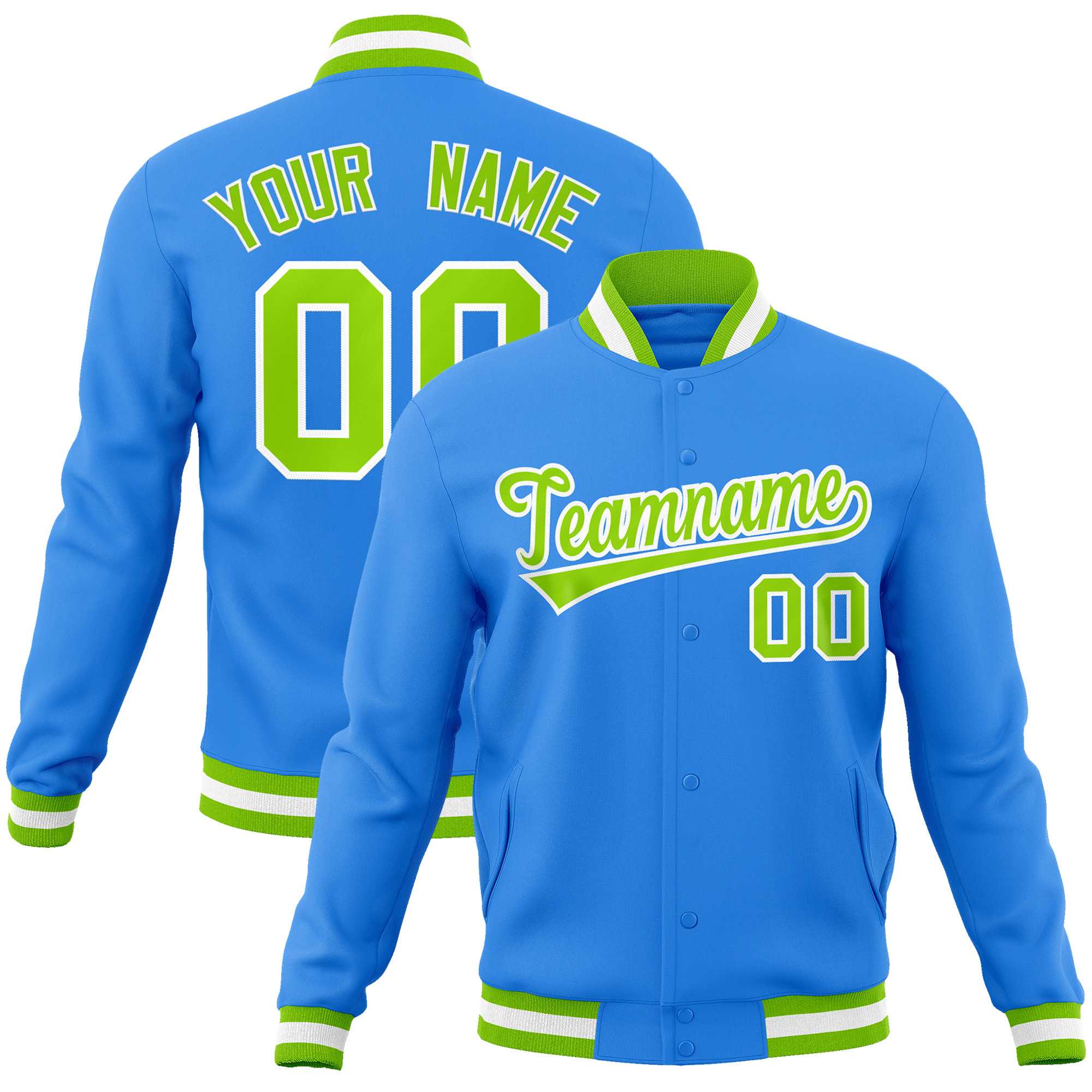 Custom Powder Blue Neon Green-White Classic Style Varsity Full-Snap Letterman Jacket