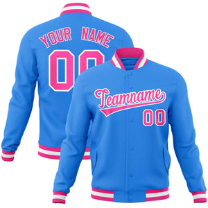 Custom Powder Blue Pink-White Classic Style Varsity Full-Snap Letterman Jacket