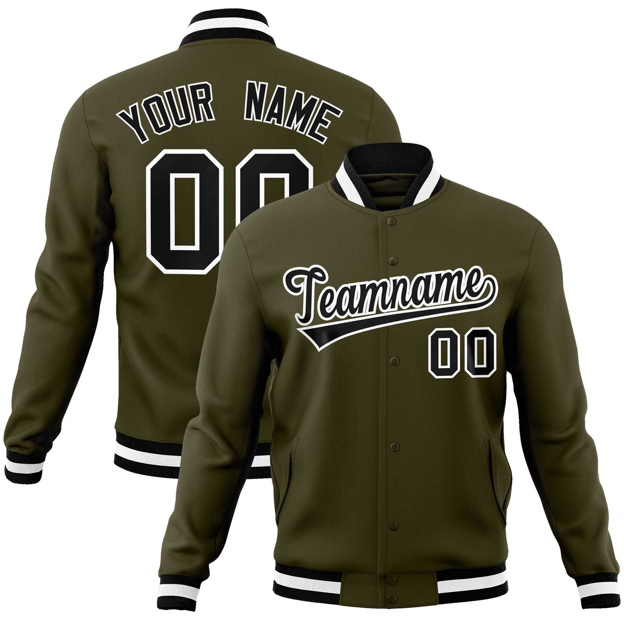 Custom Olive Black-White Classic Style Varsity Full-Snap Letterman Jacket