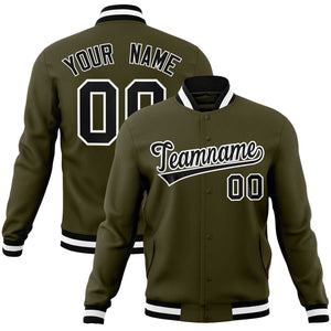 Custom Olive Black-White Classic Style Varsity Full-Snap Letterman Jacket