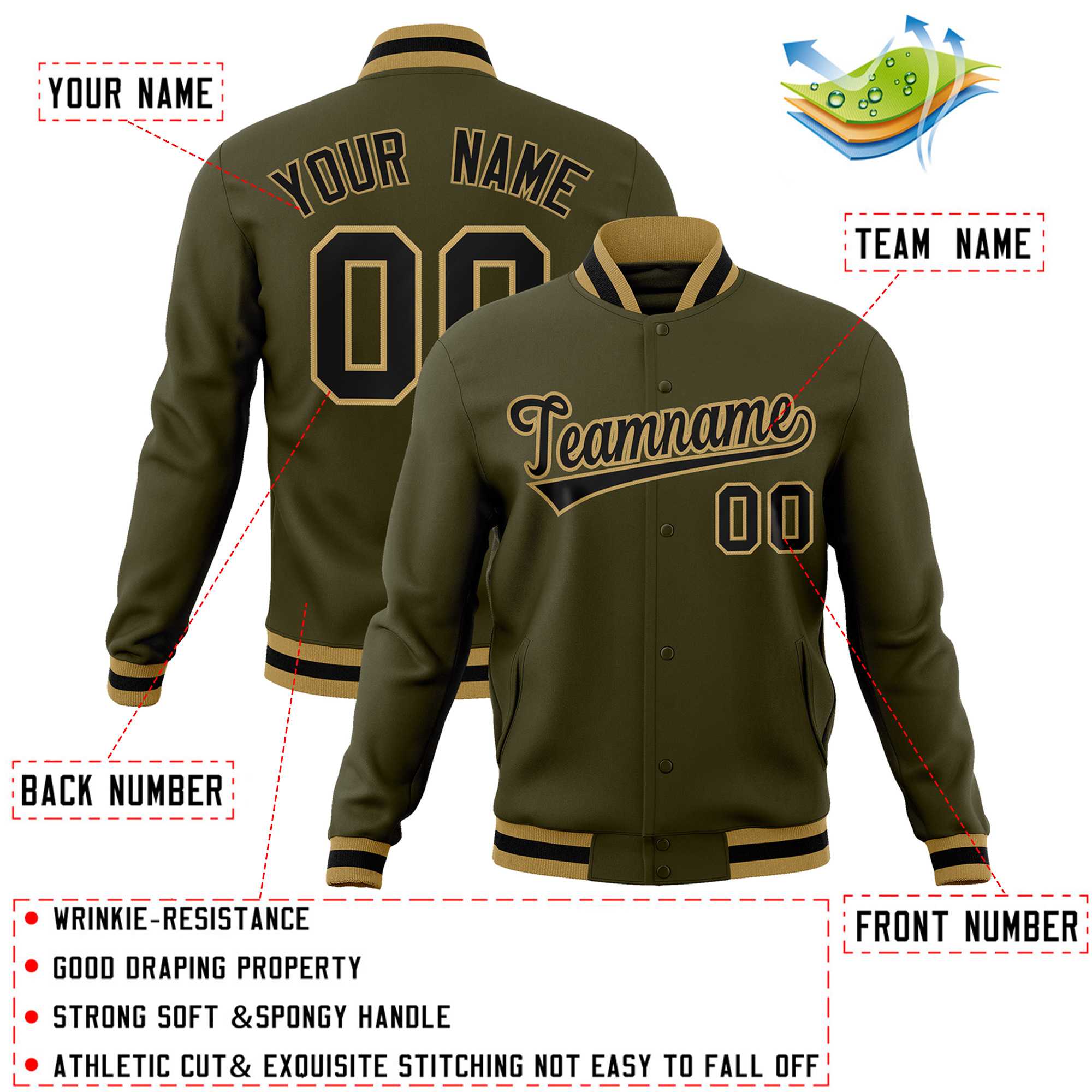 Custom Olive Black-Old Gold Classic Style Varsity Full-Snap Letterman Jacket