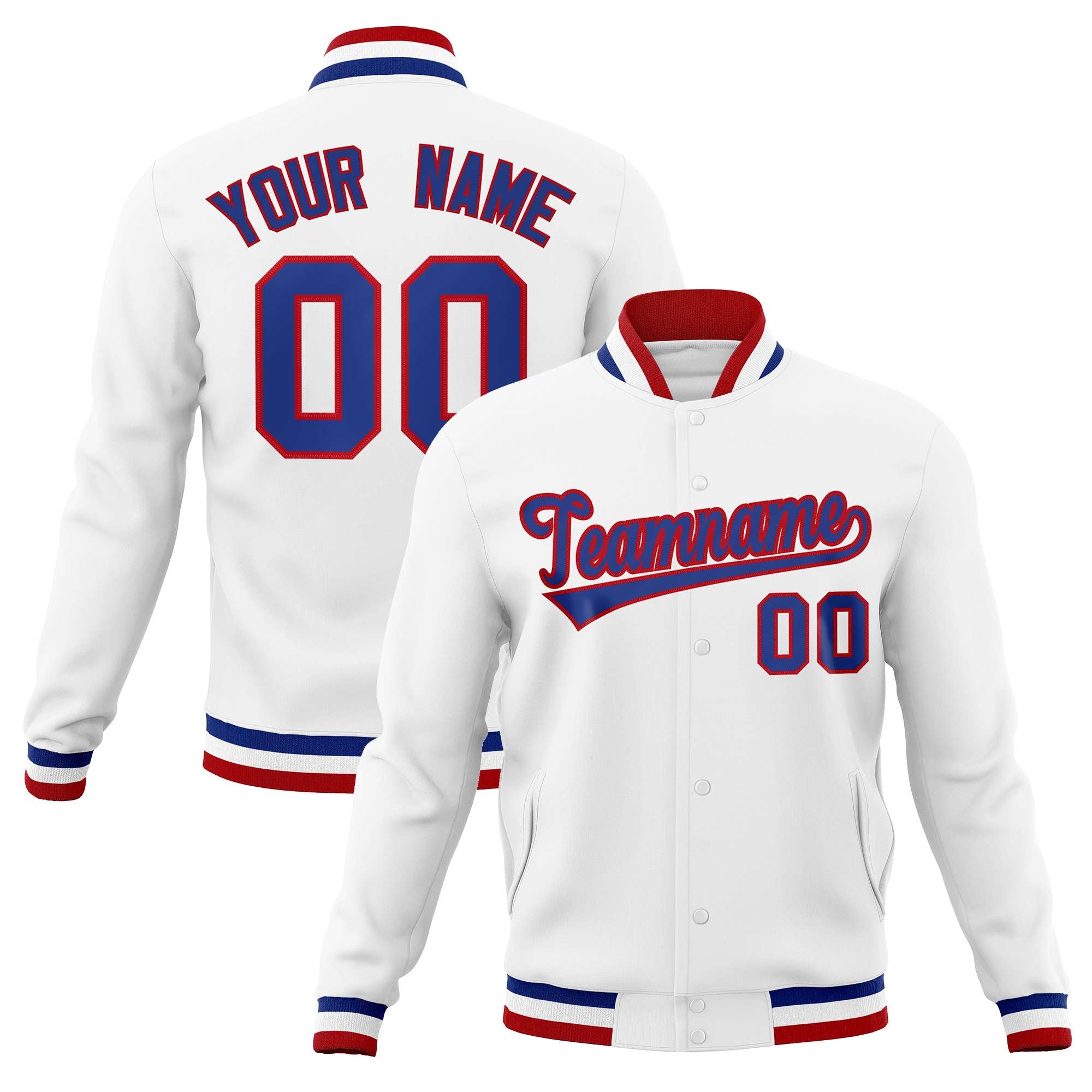 Custom White Royal-Red Classic Style Varsity Full-Snap Letterman Jacket