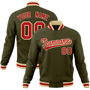 Custom Olive Red-Khaki Classic Style Varsity Full-Snap Letterman Jacket