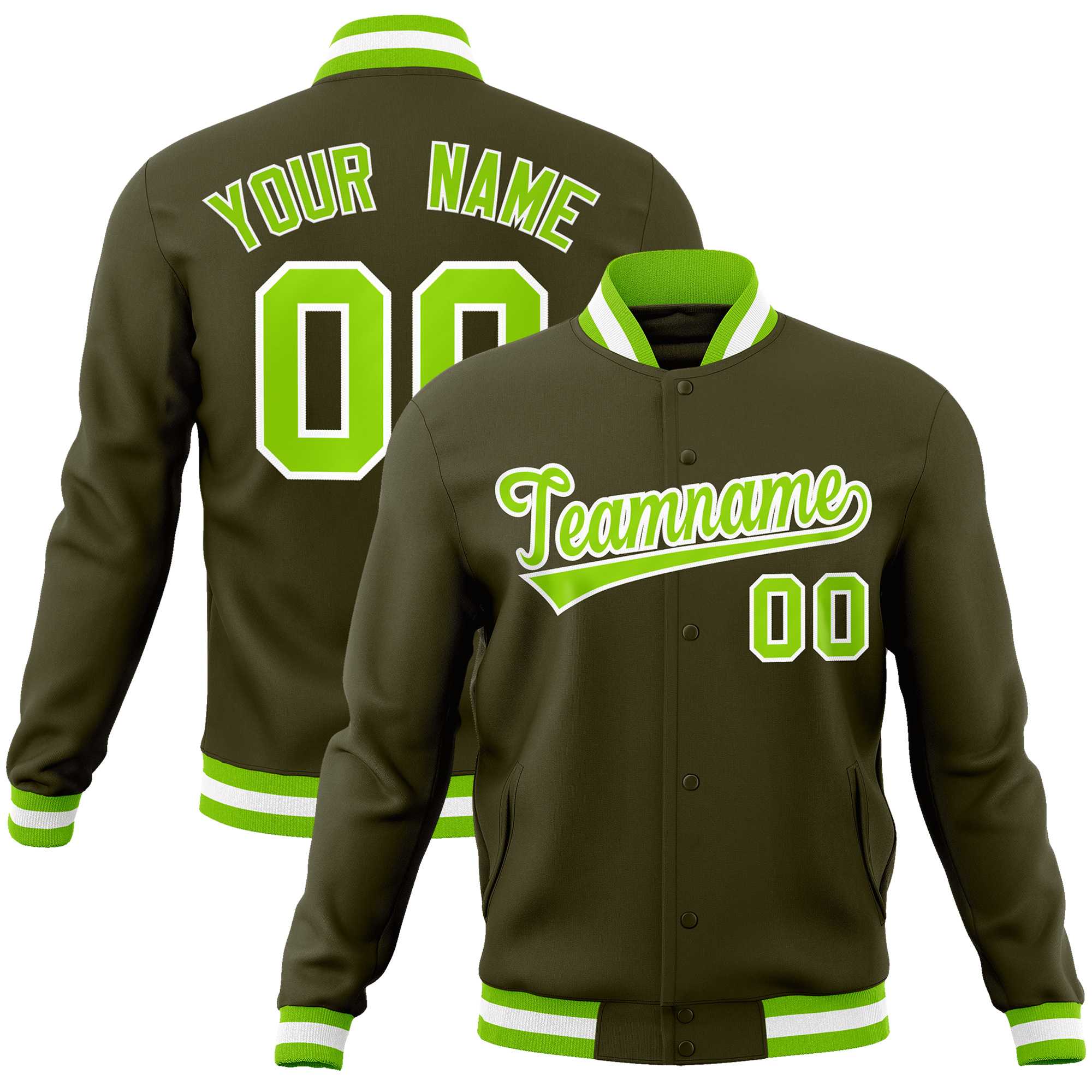 Custom Olive Neon Green-White Classic Style Varsity Full-Snap Letterman Jacket