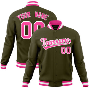 Custom Olive Pink-White Classic Style Varsity Full-Snap Letterman Jacket