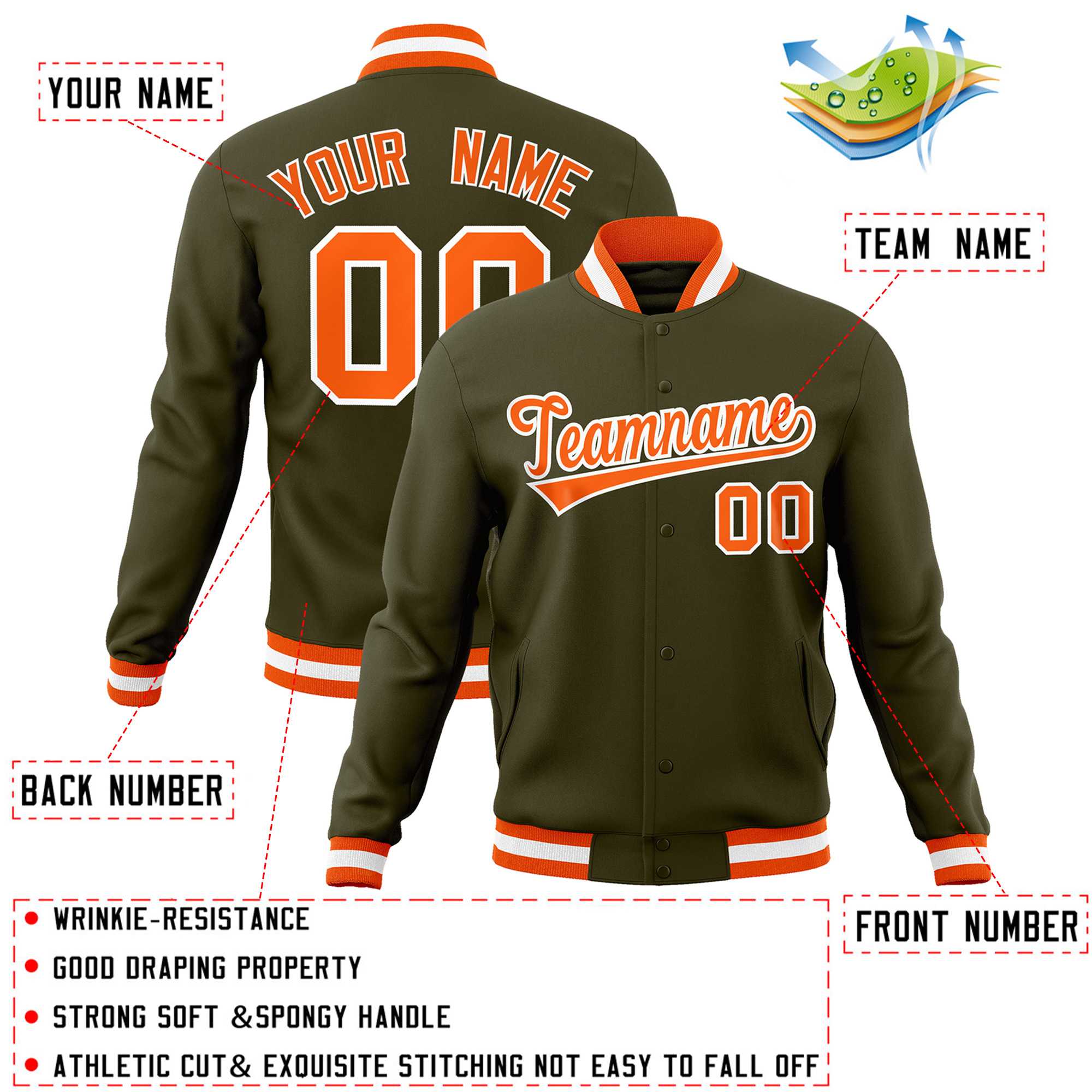 Custom Olive Orange-White Classic Style Varsity Full-Snap Letterman Jacket