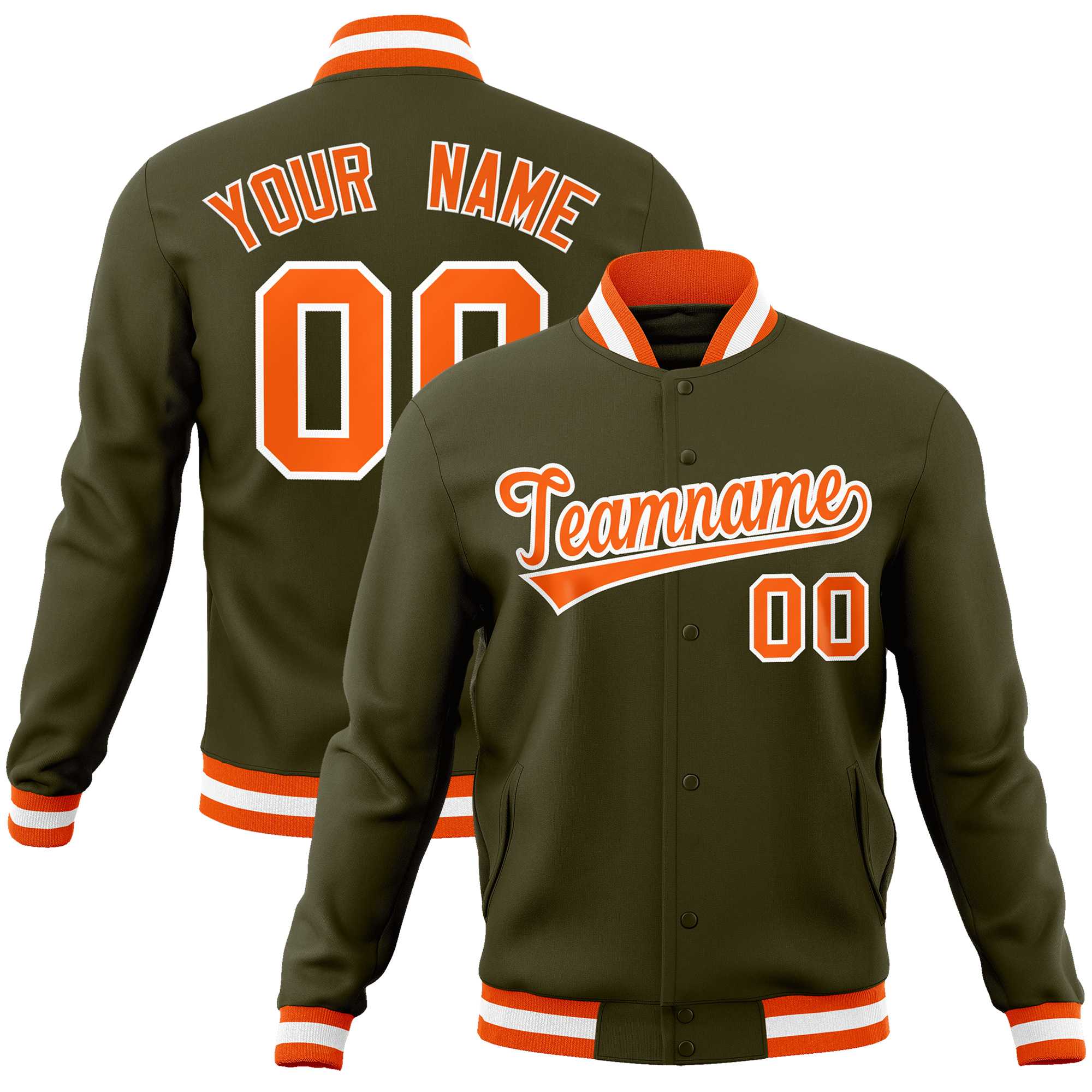 Custom Olive Orange-White Classic Style Varsity Full-Snap Letterman Jacket