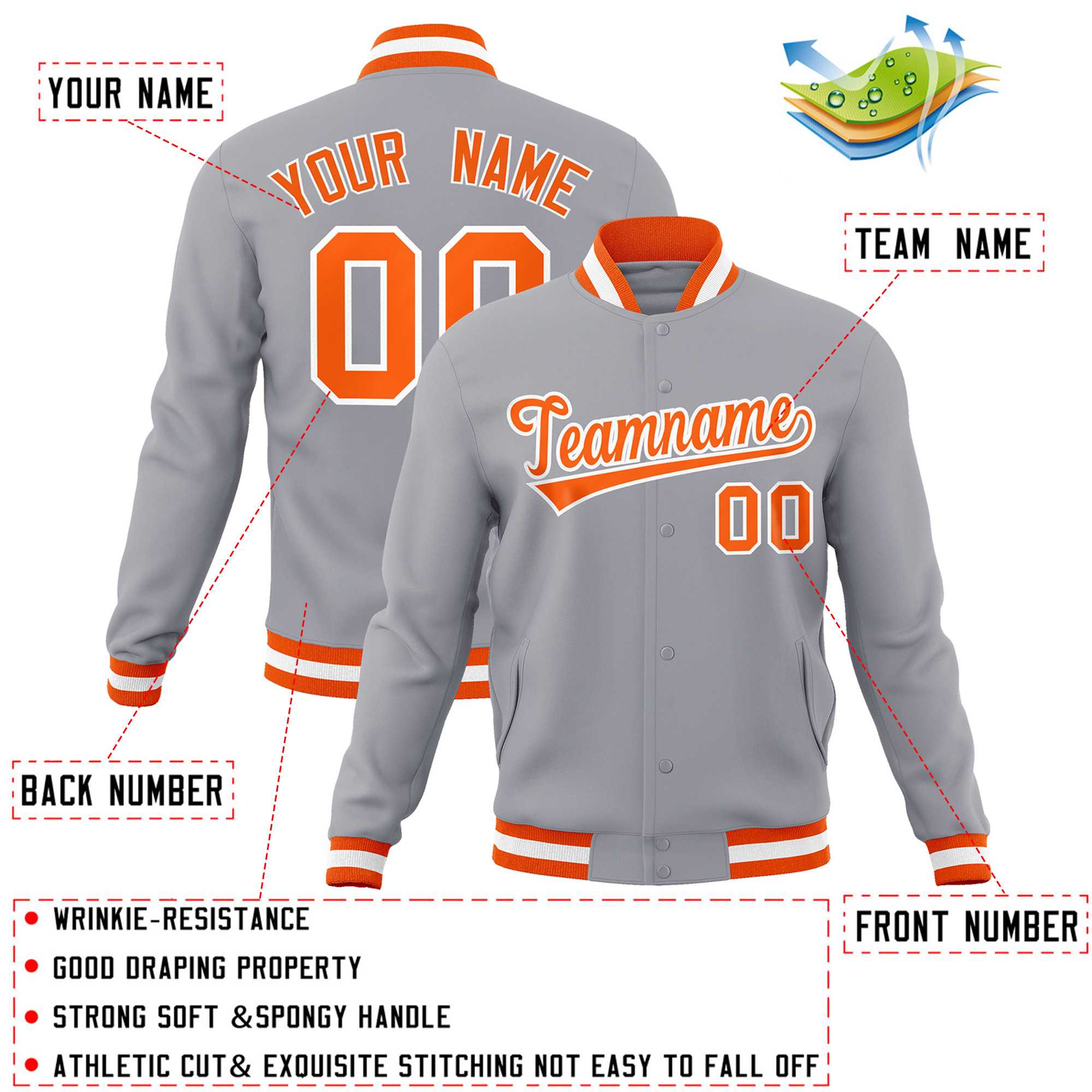 Veste Letterman personnalisée gris orange-blanc de style classique à bouton-pression