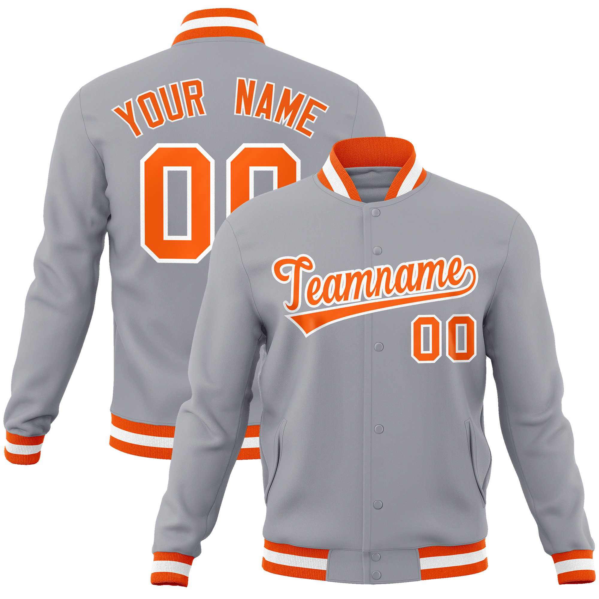 Custom Gray Orange-White Classic Style Varsity Full-Snap Letterman Jacket