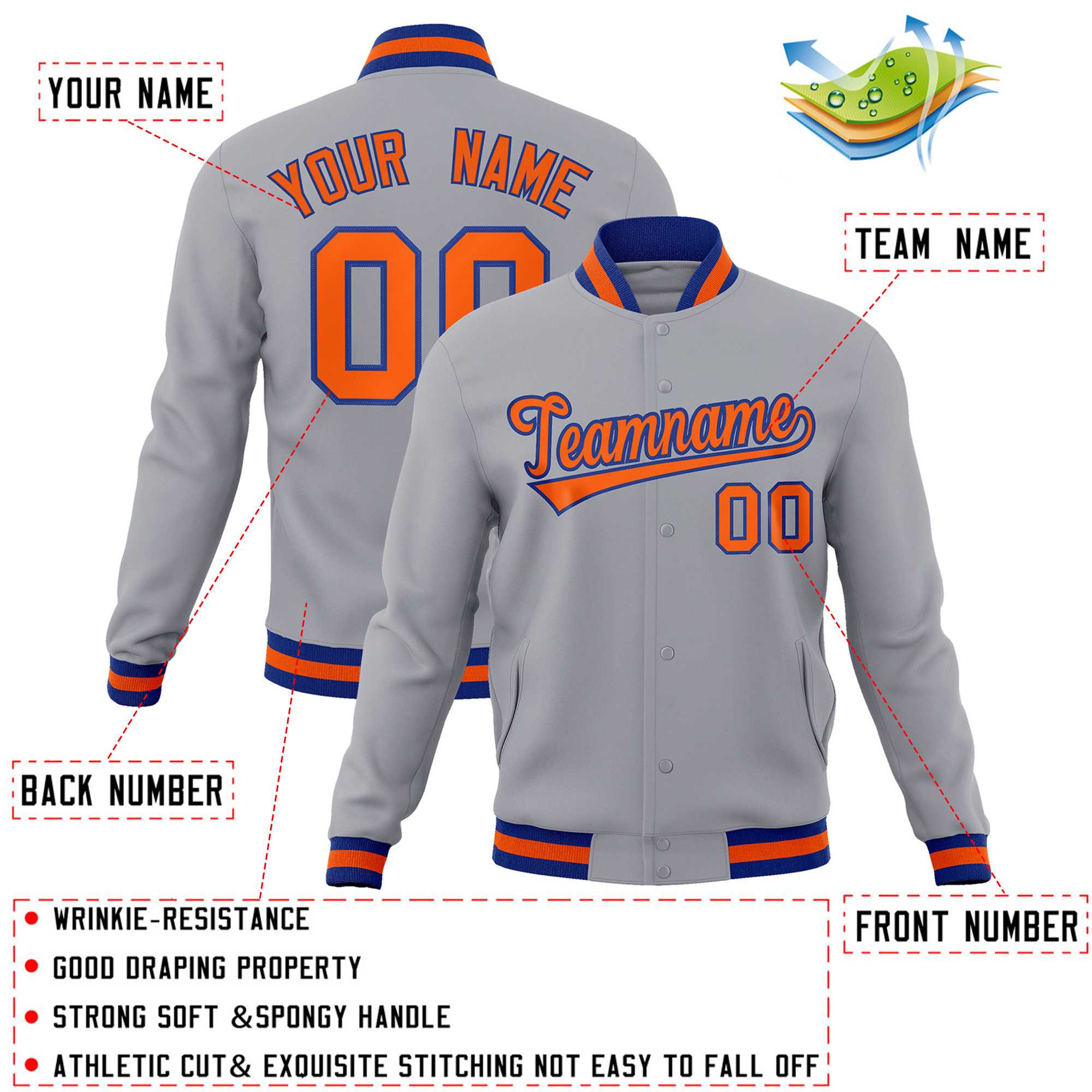 Custom Gray Orange-Royal Classic Style Varsity Full-Snap Letterman Jacket