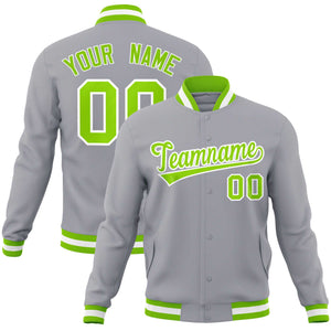 Custom Gray Neon Green-White Classic Style Varsity Full-Snap Letterman Jacket