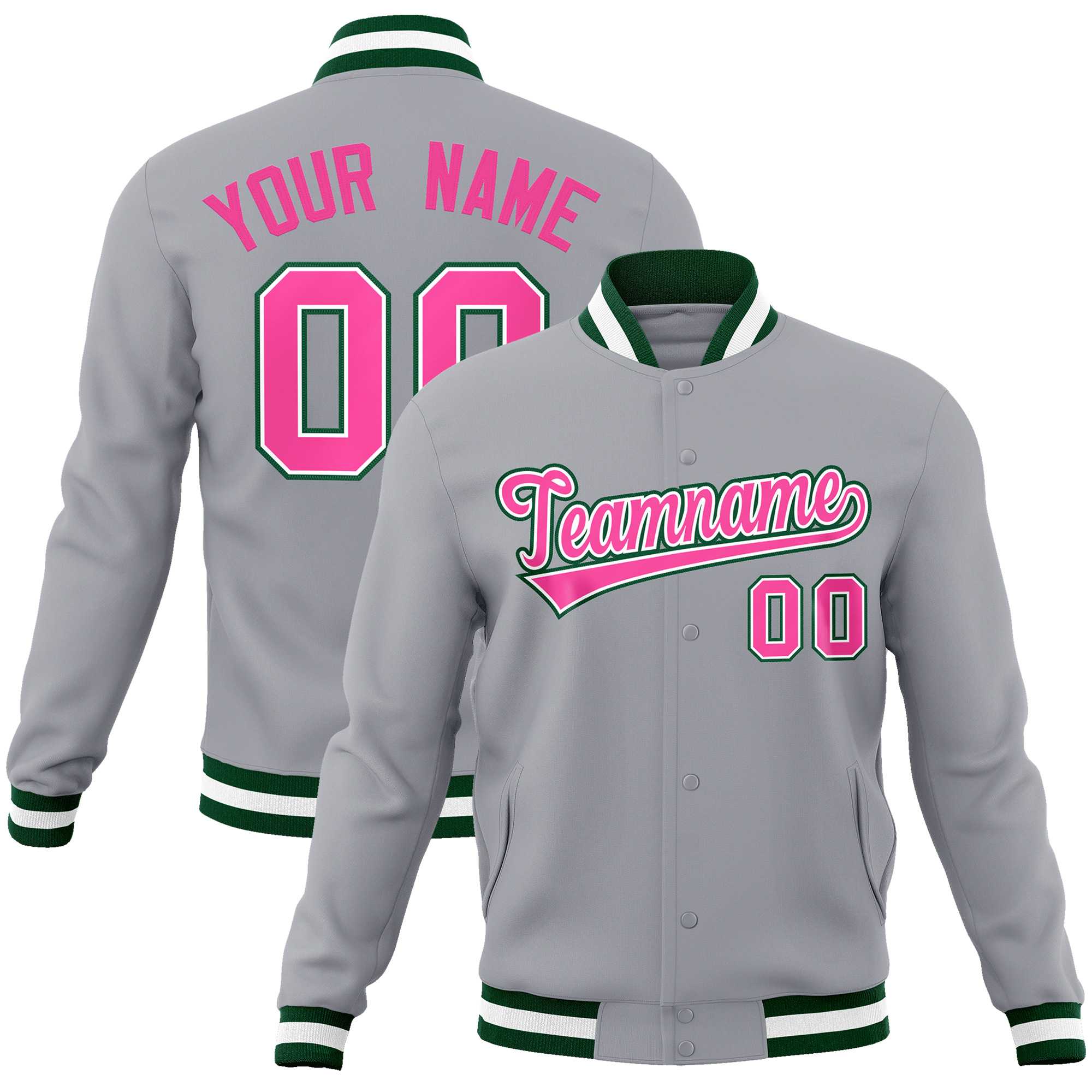 Custom Gray Pink-White Green Classic Style Varsity Full-Snap Letterman Jacket