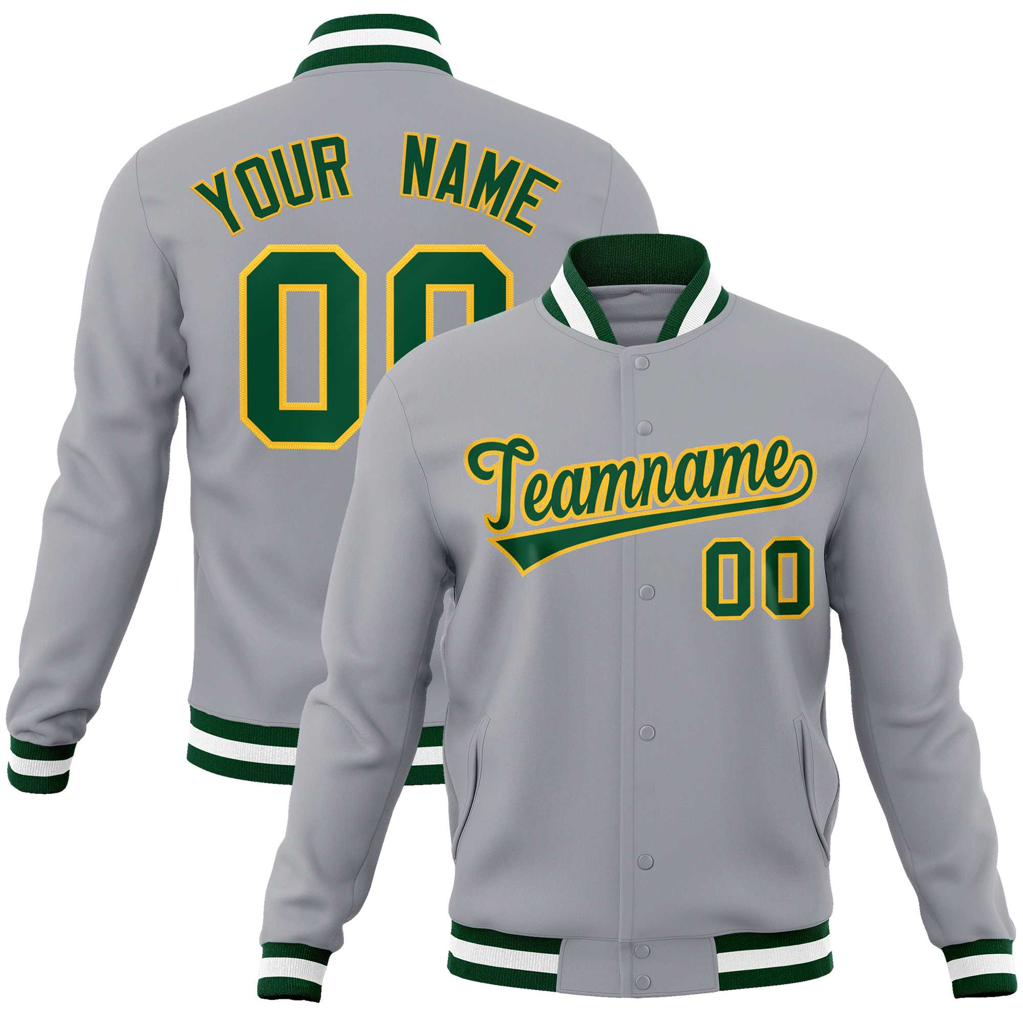 Custom Gray Green-Gold Classic Style Varsity Full-Snap Letterman Jacket