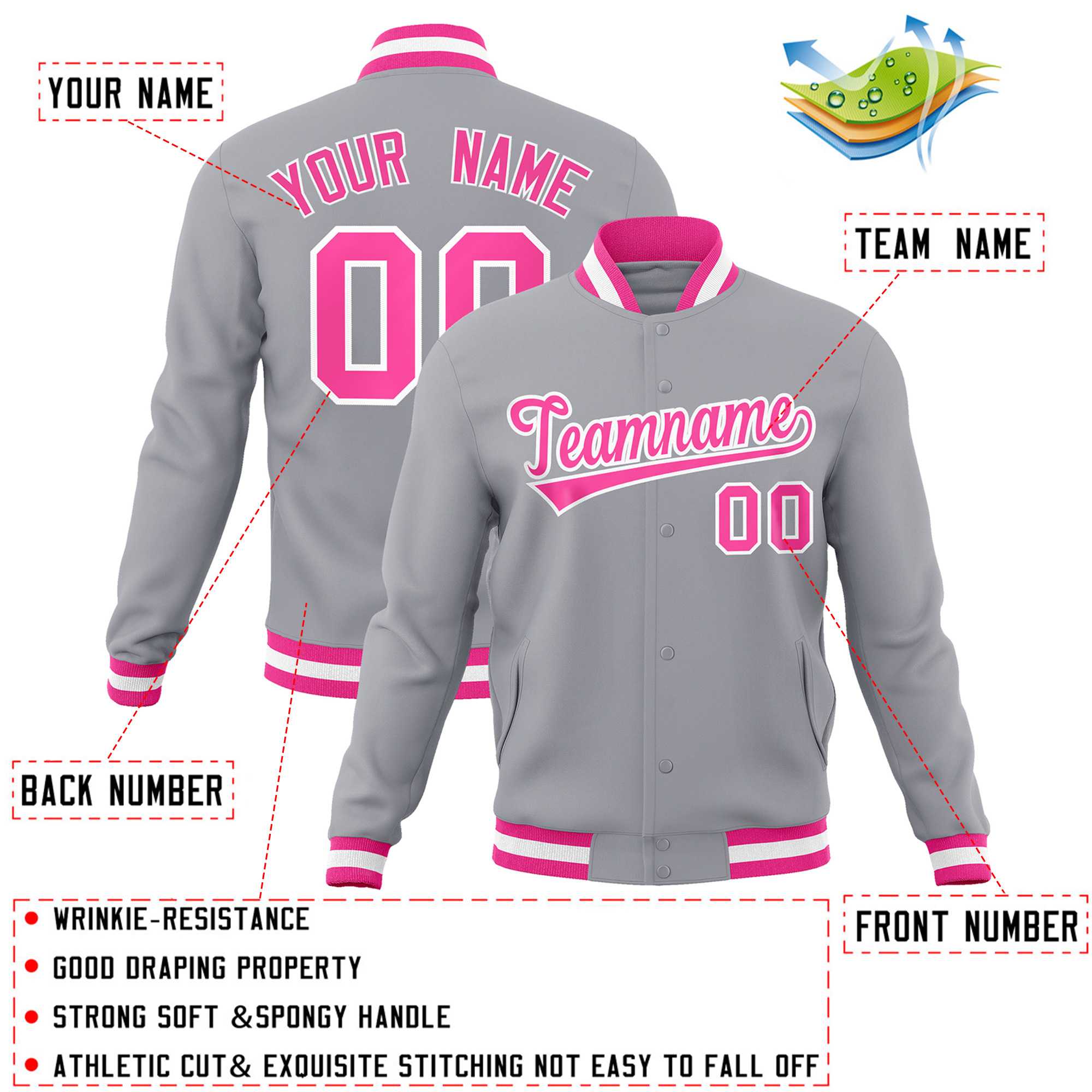 Custom Gray Pink-White Classic Style Varsity Full-Snap Letterman Jacket