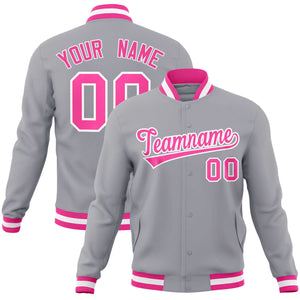 Custom Gray Pink-White Classic Style Varsity Full-Snap Letterman Jacket